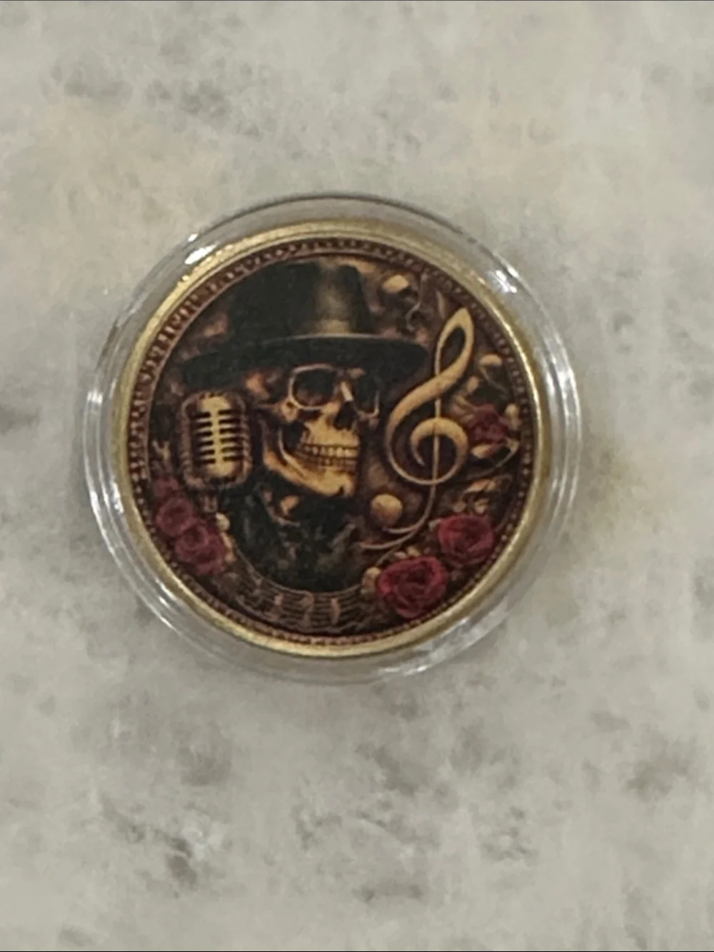 Skeleton Guitarist Round Art Coin— Gold, Brown, Red